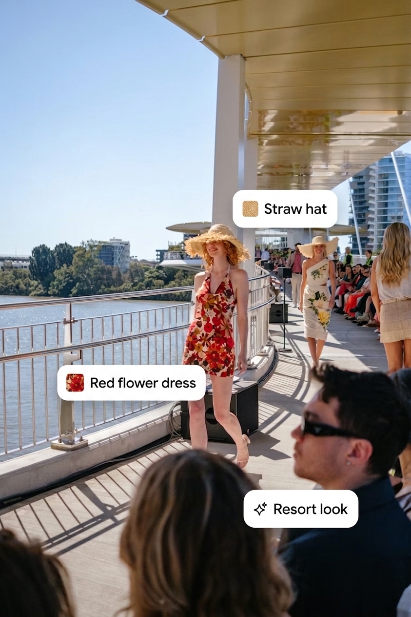A woman in a red flower dress walking at a riverside fashion show, tagged with the pieces that make the look